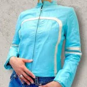 Vintage Wilsons Leather Aqua Bomber Jacket with White Accents